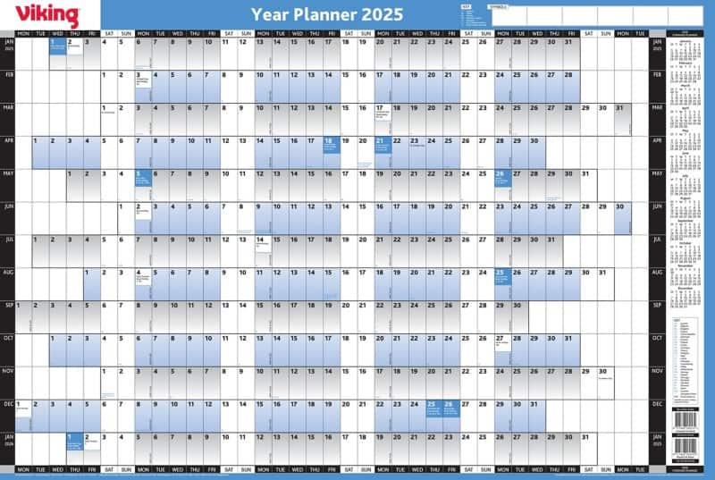 Viking 13 Months Mounted Annual Planner 2025, 2026 English 85.1 (W) x 61 (H) cm Blue