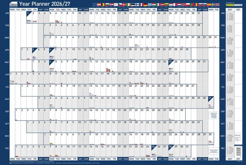 Sasco EU Mounted Year Planner 2026 English 91.5 (W) x 61 (H) cm Blue