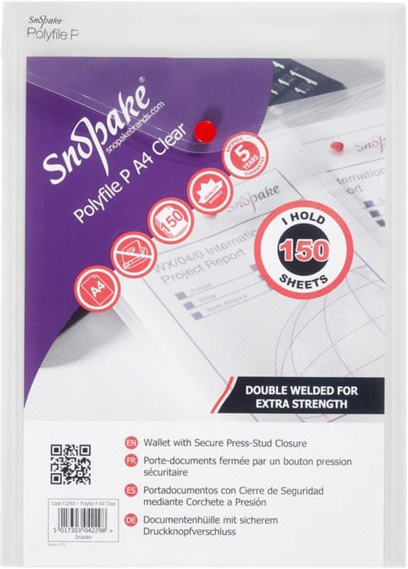 Snopake Document Wallet 13263 A4 PP (Polypropylene) 24 (W) x 33.5 (H) cm Transparent Pack of 5