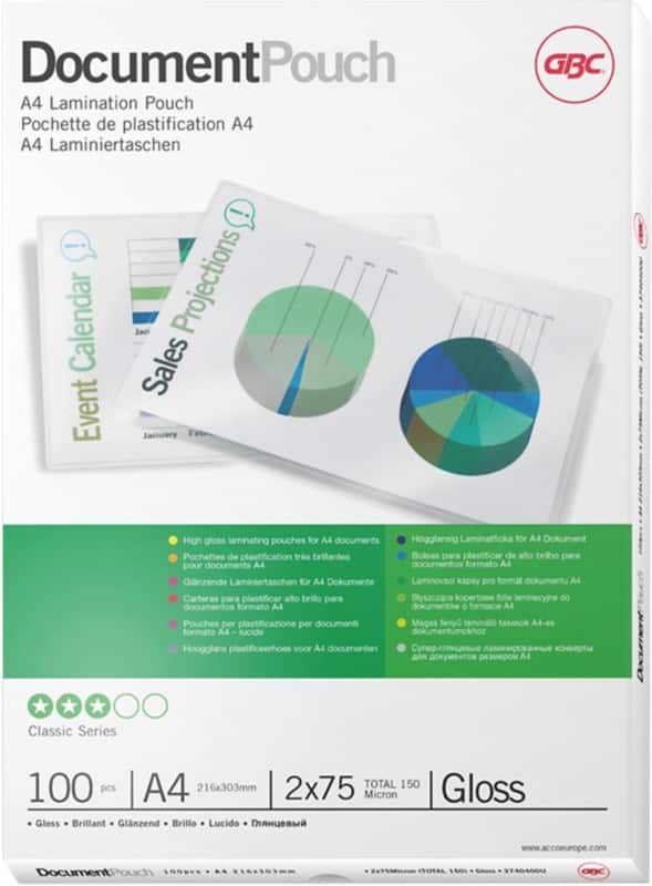 GBC Document Laminating Pouches A4 Glossy 75 microns (2 x 75) Transparent Pack of 100