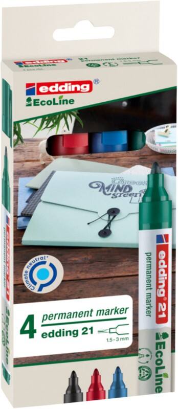 edding EcoLine 21 Permanent Marker Medium Bullet 1.5 - 3 mm Assorted Refillable Water-Resistant Pack of 4
