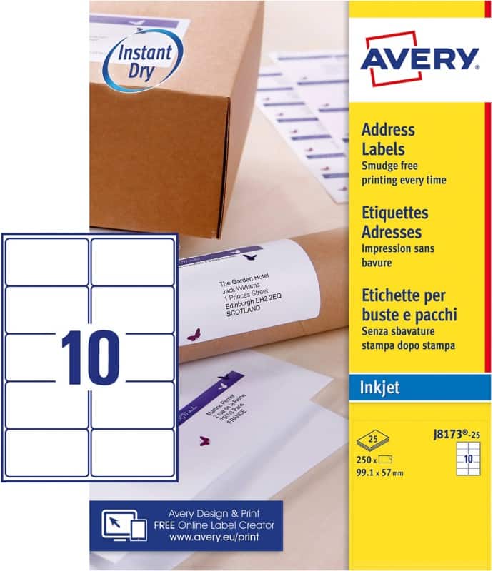 Avery J8173-25 Parcel Labels Self Adhesive 99.1 x 57 mm White 25 Sheets of 10 Labels