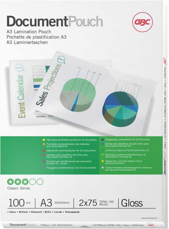 GBC Document Laminating Pouches A3 Glossy 75 microns (2 x 75) Transparent Pack of 100