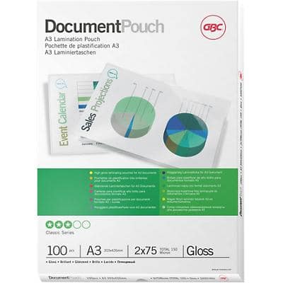 GBC Laminating Pouches A3 Glossy 150 Microns Transparent Pack of 100