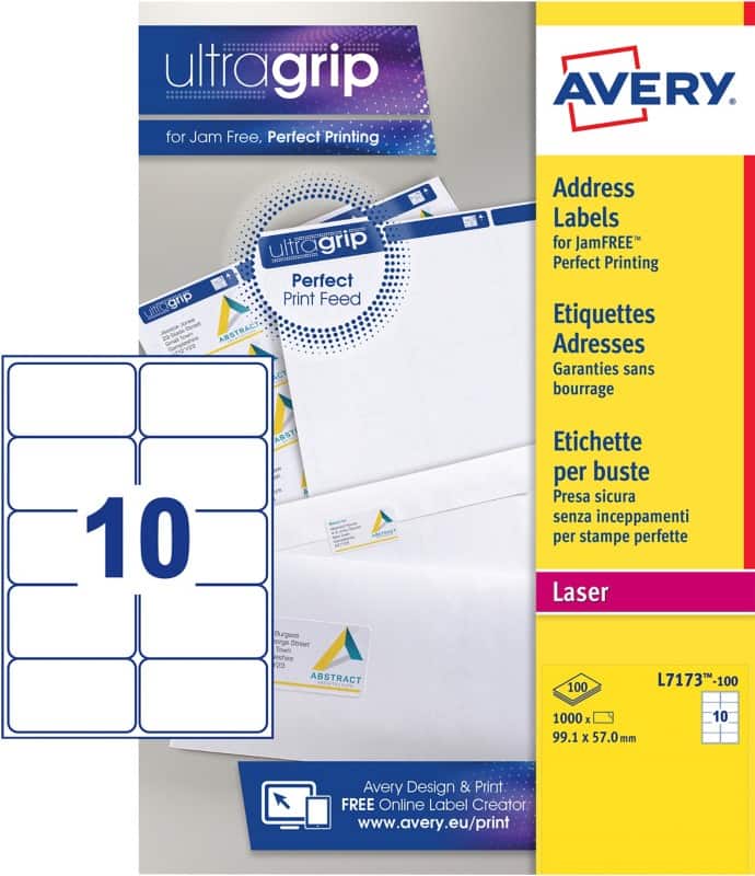 Avery L7173-100 Address Labels 99.1 x 57 mm White 100 Sheets of 10 Labels