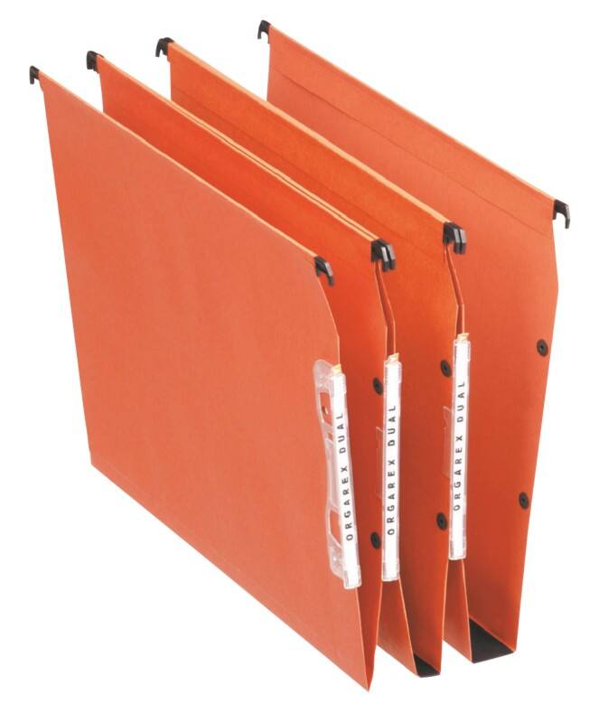 Esselte Orgarex Dual 330 Lateral Suspension File 21629 U Base 30 mm 220 gsm Orange 100% Recycled Manilla Pack of 25