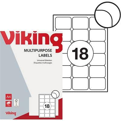 Viking Multipurpose Labels Self Adhesive 63.5 x 46.6 mm White 100 Sheets of 18 Labels