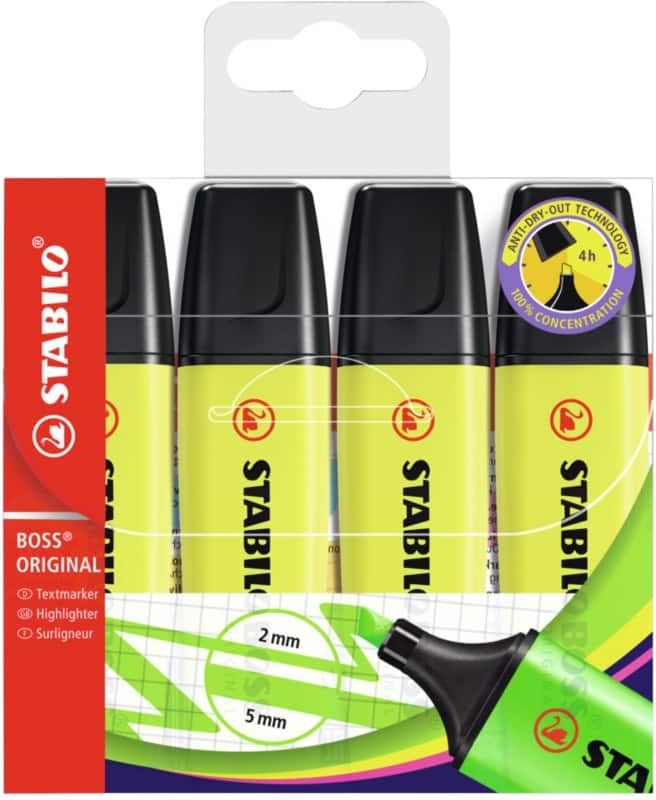 STABILO BOSS ORIGINAL 70/4-24 Highlighter Yellow Medium Chisel 2 - 5 mm Refillable Pack of 4