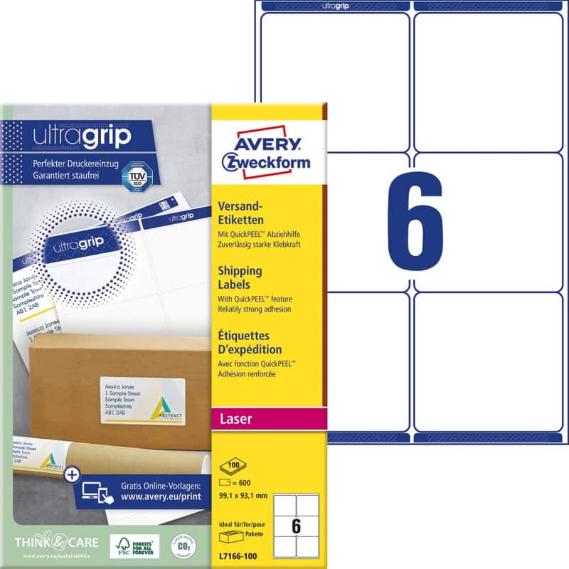 Avery L7166-100 Parcel Labels Self Adhesive 99.1 x 93.1 mm White 100 Sheets of 6 Labels