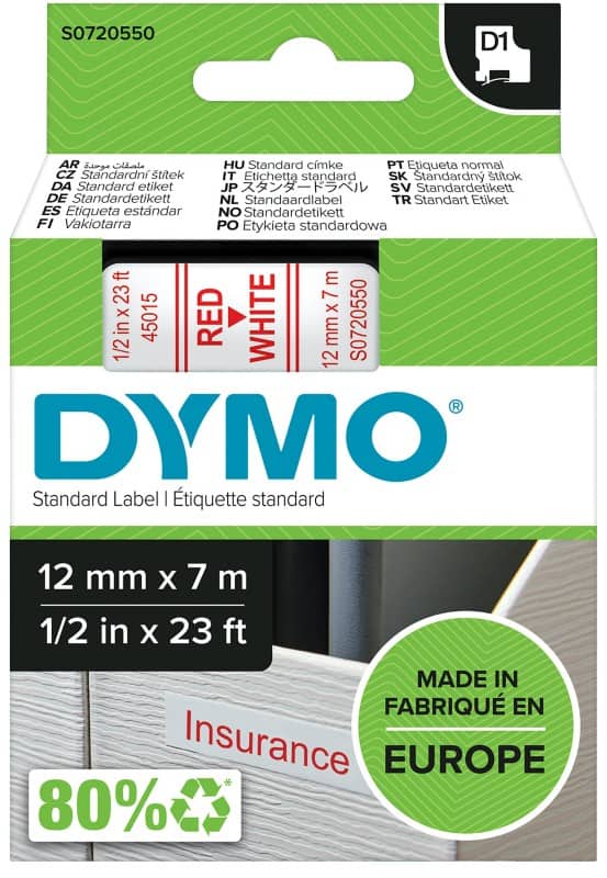 DYMO D1 Labelling Tape Authentic 45015 S0720550 Adhesive Red on White 12 mm x 7 m