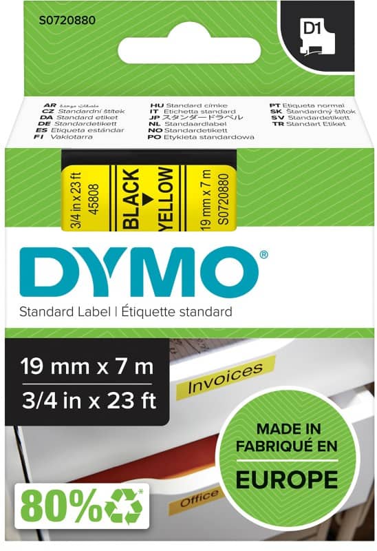 Dymo D1 S0720880 / 45808 Authentic Labelling Tape Self Adhesive Black Print on Yellow 19 mm x 7m