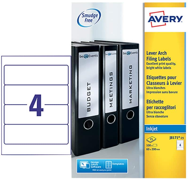 Avery J8171-25 Filing Labels Self Adhesive 200 x 60 mm White 25 Sheets of 4 Labels