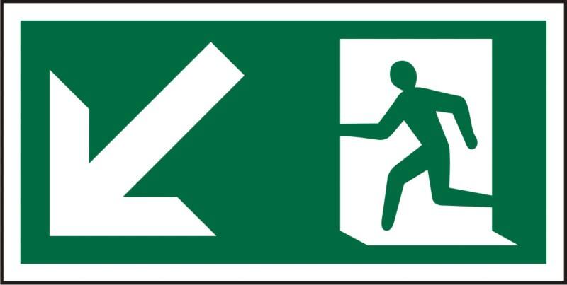 Fire Exit Sign Down Left Arrow Wall Mounted PVC (Polyvinyl Chloride) 30 x 15 cm
