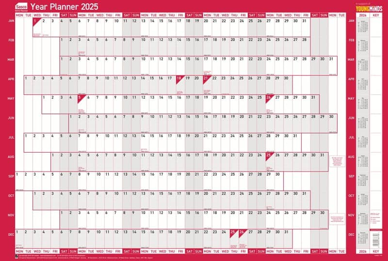 Sasco unmounted year planner 2025 english 91. 5 (w) x 61 (h) cm red