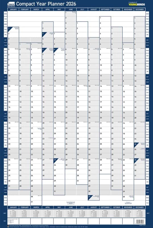 Sasco Compact Year Planner 2026 English 40.5 (W) x 61 (H) cm Blue