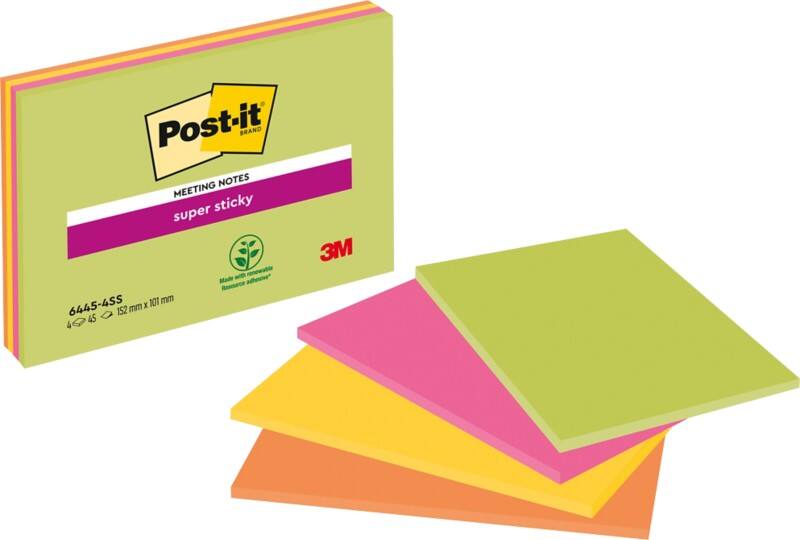 Post-it Super Sticky Notes 101 x 152 mm Assorted Rectangular Plain 4 Pads of 45 Sheets