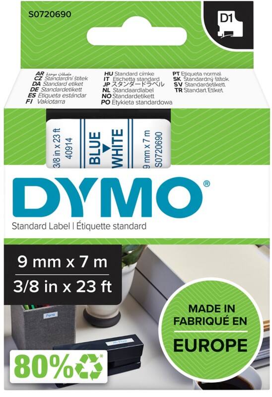 Dymo D1 S0720690 / 40914 Authentic Label Tape Self Adhesive Blue Print on White 9 mm x 7m