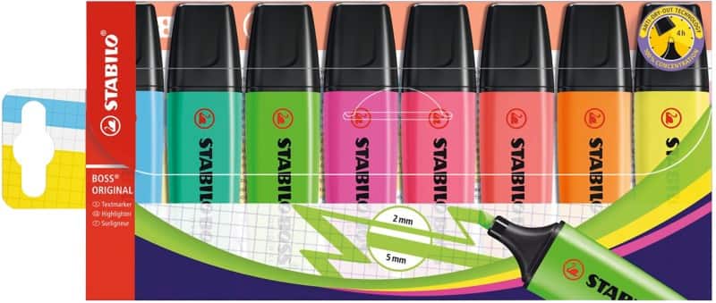 STABILO BOSS ORIGINAL 70/8 Highlighter Assorted Medium Chisel 2-5 mm Refillable Pack of 8