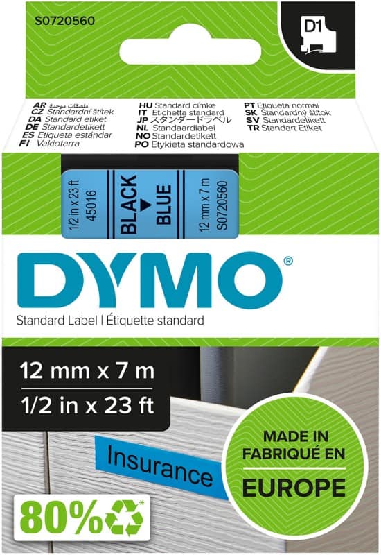DYMO D1 Labelling Tape Authentic 45016 S0720560 Adhesive Black on Blue 12 mm x 7 m