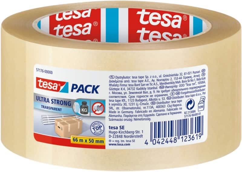 tesa Packaging Tape tesapack Ultra Strong Transparent 50 mm (W) x 66 m (L) PVC (Polyvinyl Chloride)