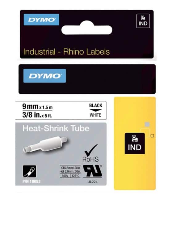 DYMO 18053  Heat Shrink Tube IND Authentic Self Adhesice Black on White 9 mm (W) x 1.5 m (L) 1.5 m