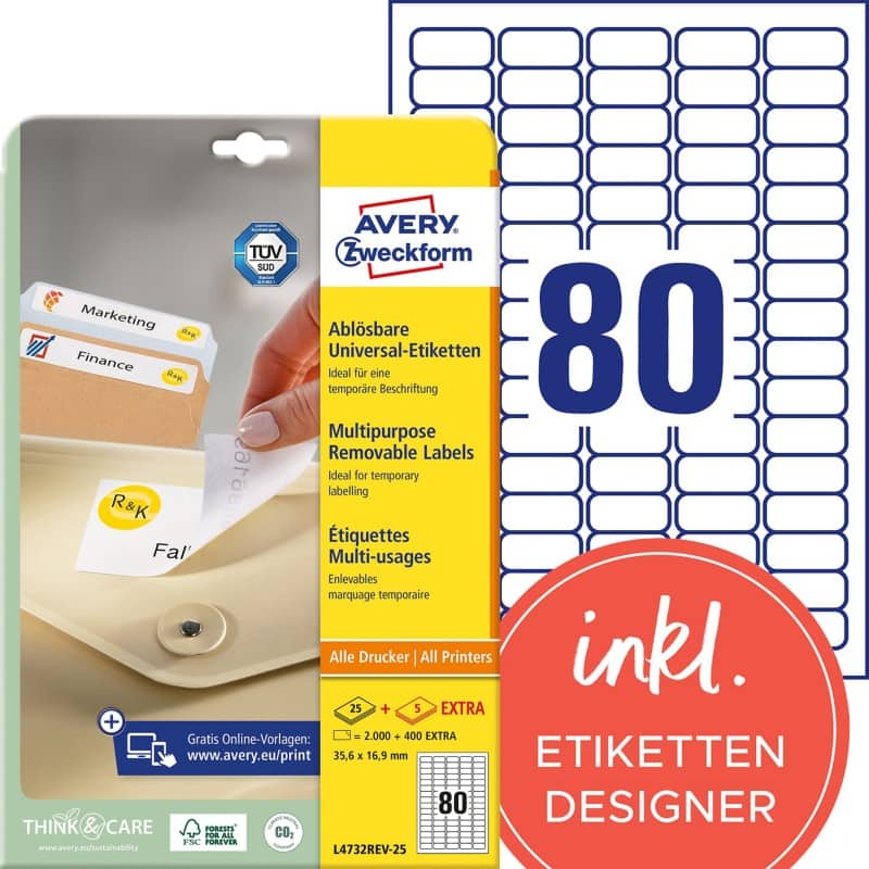 Avery L4732REV-25 Mini Multipurpose Labels Removable 35.6 x 16.9 mm White 25 Sheets of 80 Labels