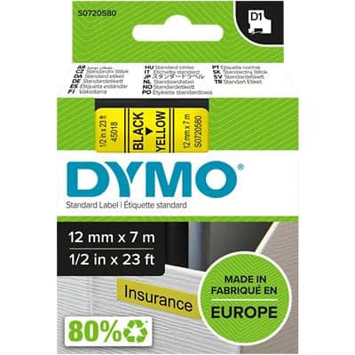 Dymo D1 S0720580 / 45018 Authentic Label Tape Self Adhesive Black Print on Yellow 12 mm x 7m