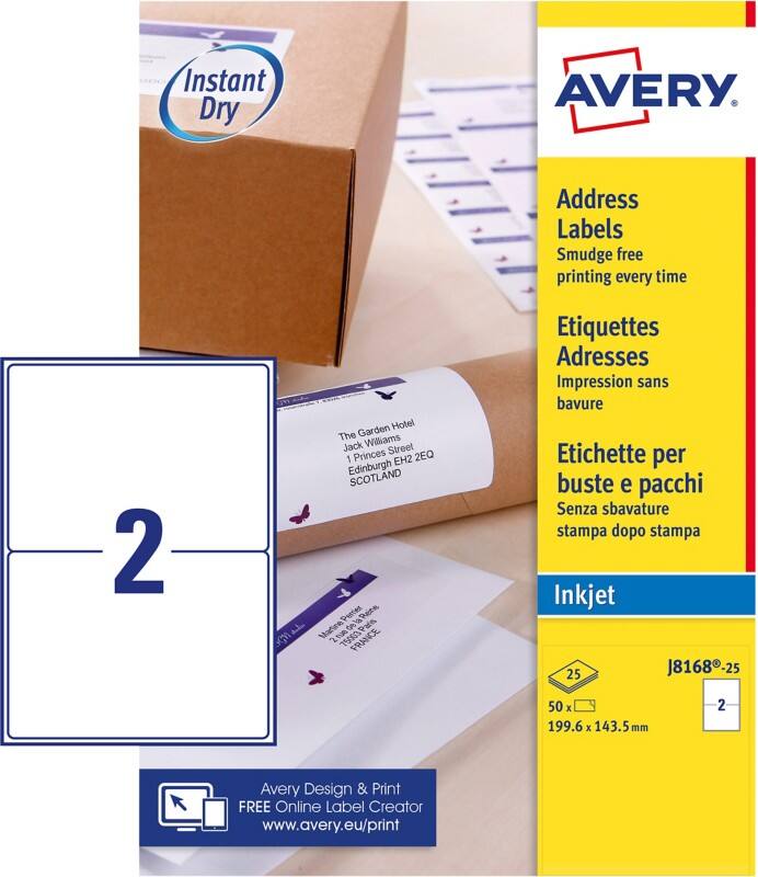 Avery J8168-100 Parcel Labels Self Adhesive 199.6 x 143.5 mm White 100 Sheets of 2 Labels