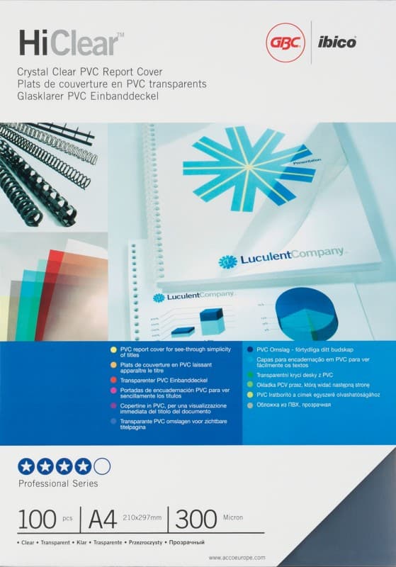 GBC HiClear Binding Covers A4 PVC 300 Microns Transparent Pack of 100