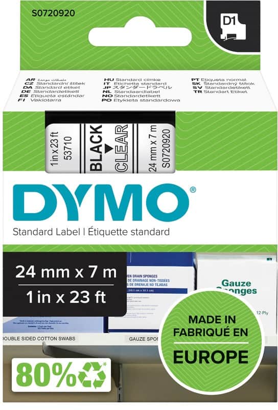 DYMO D1 S0720920 Labelling Tape Cassette Black Print on Clear