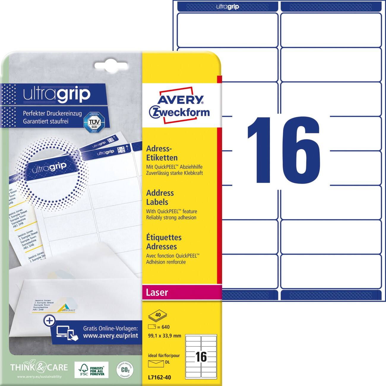 AVERY Zweckform UltraGrip Address Labels L7162-40 Adhesive A4 White 99.1 x 33.9 mm 16 Sheets of 40 Labels