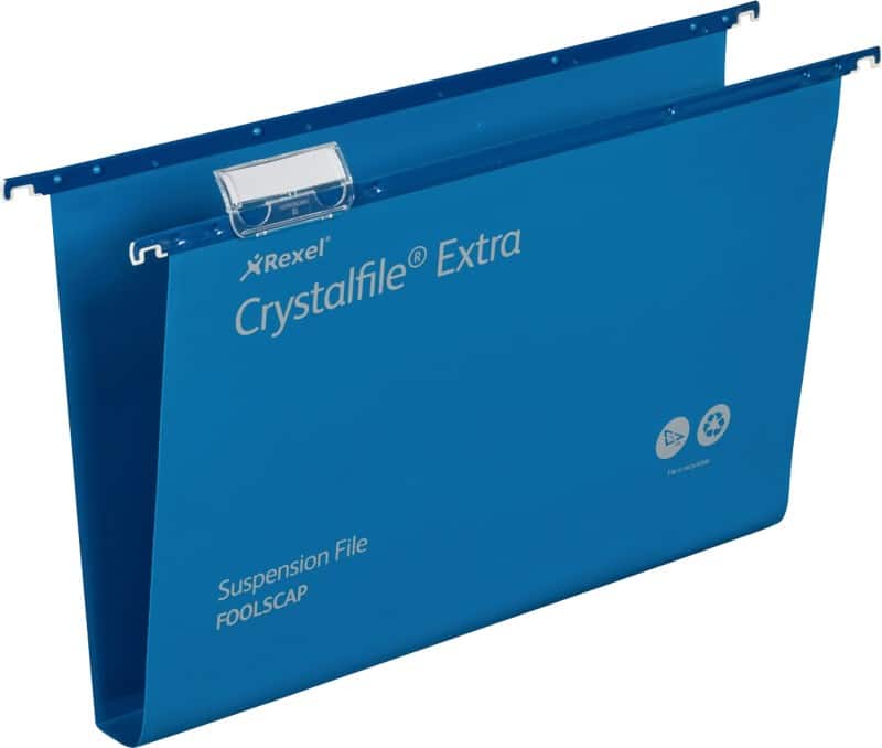 Rexel Crystalfile Heavy Duty Vertical Suspension File 70633 Foolscap U Base 30 mm Blue Polypropylene Pack of 25