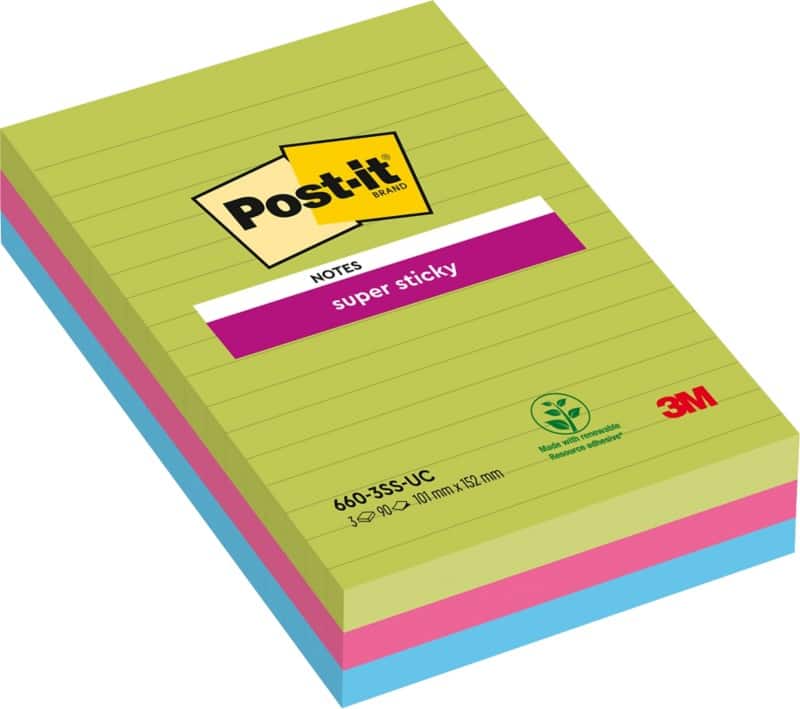 Post-it Super Sticky Large  Notes 101 x 152 mm Assorted Colours Rectangular Ruled 3 Pads of 90 Sheets