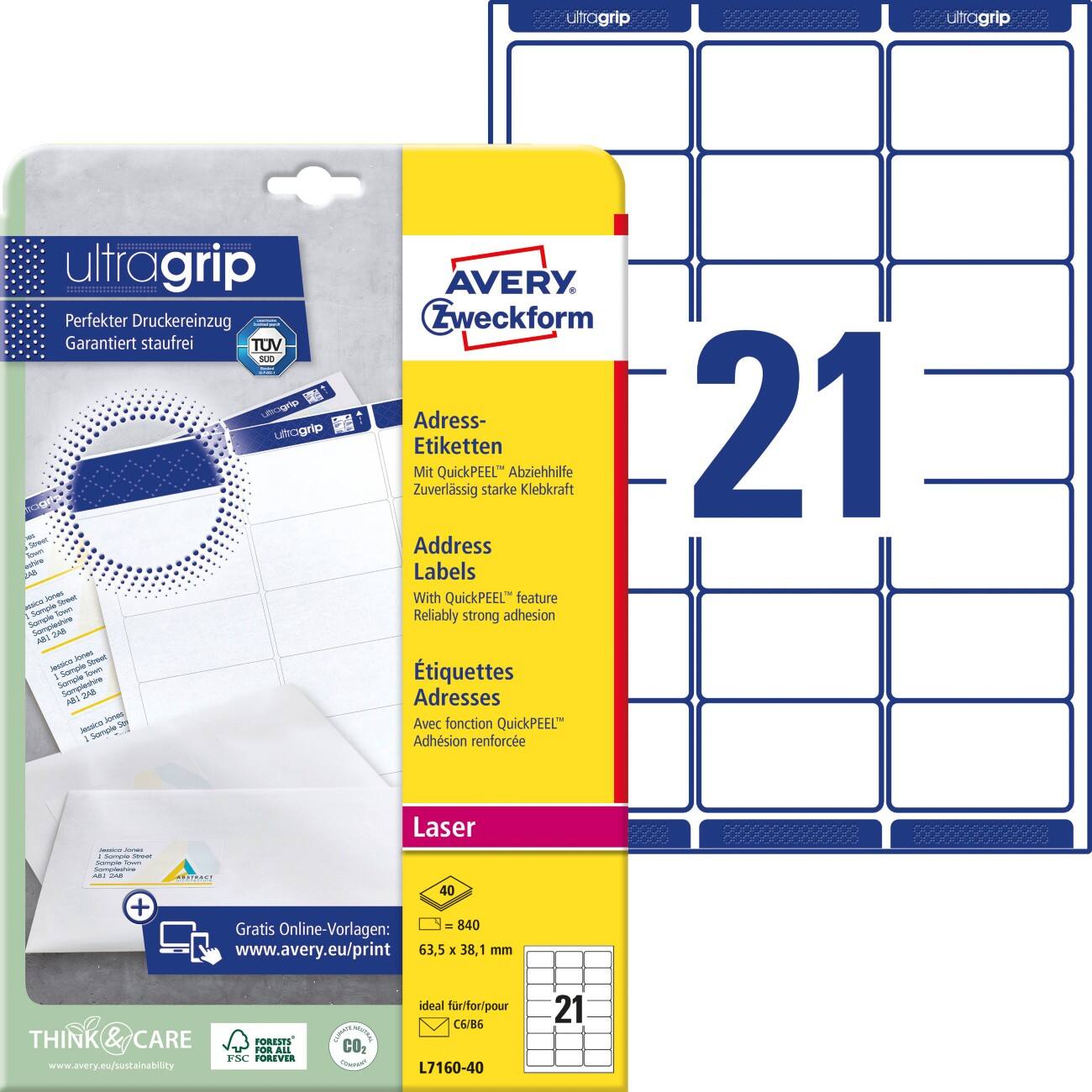 AVERY Zweckform UltraGrip Address Labels L7160-40 Adhesive A4 White 63.5 x 38.1 mm 40 Sheets of 21 Labels