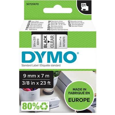 Dymo D1 S0720670 / 40910 Authentic Label Tape Self Adhesive Black Print on Clear 9 mm x 7m