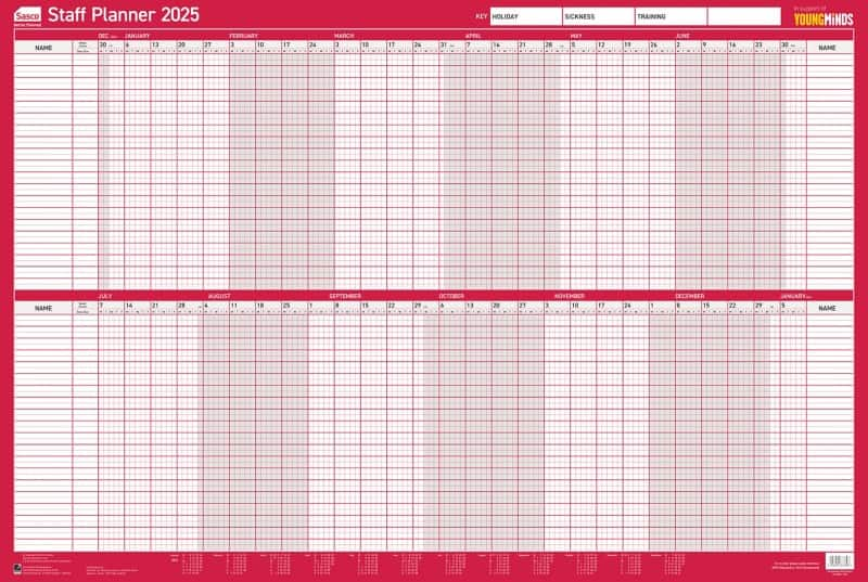 SASCO Unmounted Wall Planner 2025 English 91.5 (W) x 61 (H) cm Red