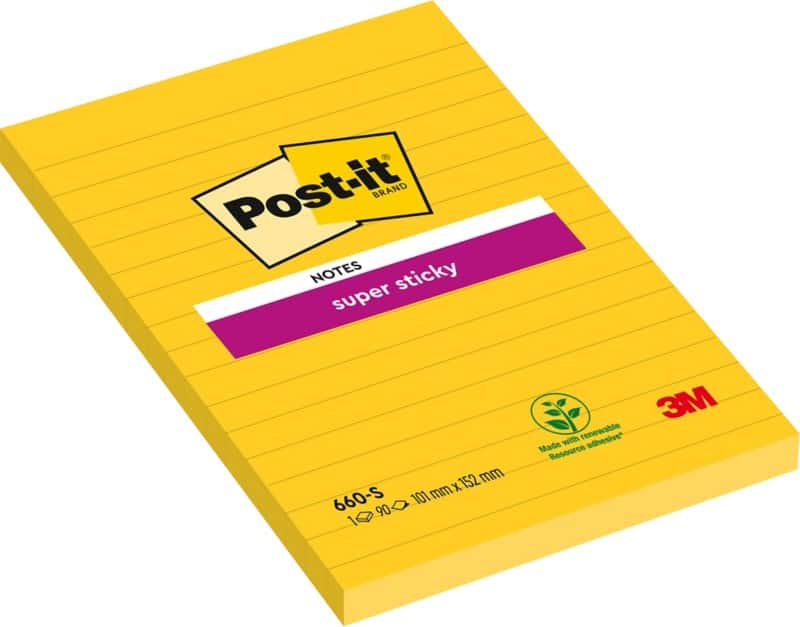 Post-it Super Sticky Notes 101 x 152 mm Yellow Rectangular Ruled 6 Pads of 75 Sheets