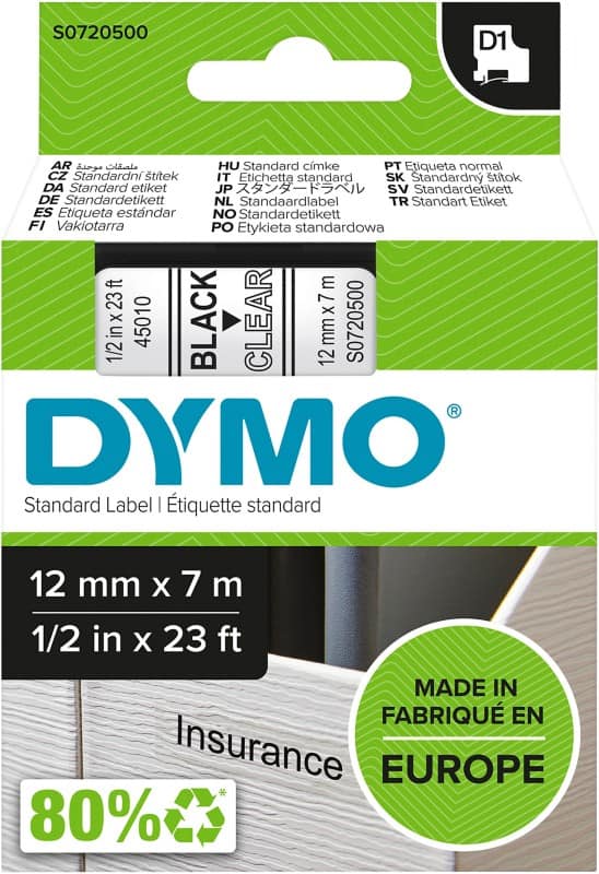 DYMO D1 Labelling Tape Authentic 45010 S0721440 Adhesive Black on Transparent 12 mm x 7 m