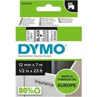 Dymo D1 S0720500 / 45010 Authentic Label Tape Self Adhesive Black Print on Clear 12 mm x 7m