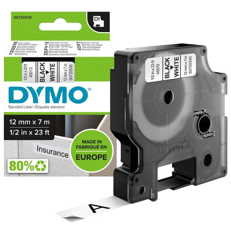 Dymo D1 S0720530 / 45013 Authentic Label Tape Self Adhesive Black Print on  White 12 mm x 7m | Viking Direct UK