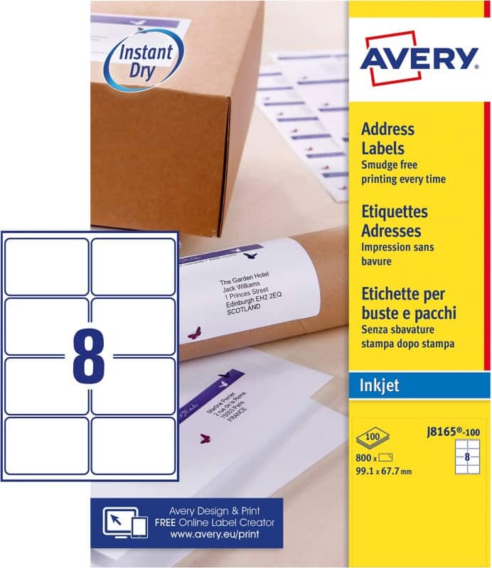 Avery J8165-100 Parcel Labels Self Adhesive 99.1 x 67.7 mm White 100 Sheets of 8 Labels