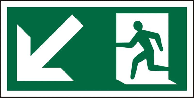 Fire Exit Sign Down Left Arrow Adhesive PVC (Polyvinyl Chloride) 10 x 20 cm