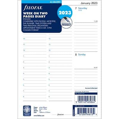 Filofax Diary Refill Multifit 2023 A5 Week to view Paper White