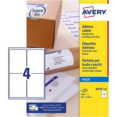 Avery J8169-100 Parcel Labels Self Adhesive 139 x 99.1 mm White 100 Sheets of 4 Labels