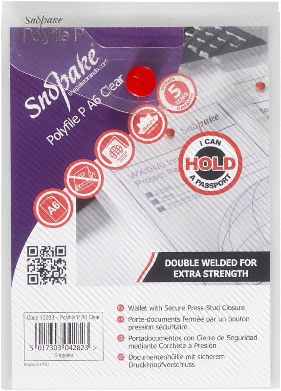Snopake Document Wallet 13293 A6 PP (Polypropylene) 11.5 (W) x 15 (H) cm Transparent Pack of 5