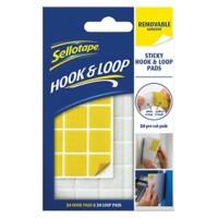 Sellotape Sticky Hook and Loop Pads Permanent 20 x 20mm Yellow, White Pack of 24