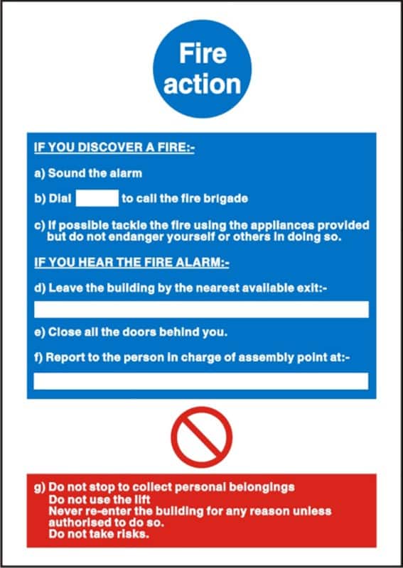 Sign Fire Action Instructions Adhesive Vinyl 21 x 29.7 cm