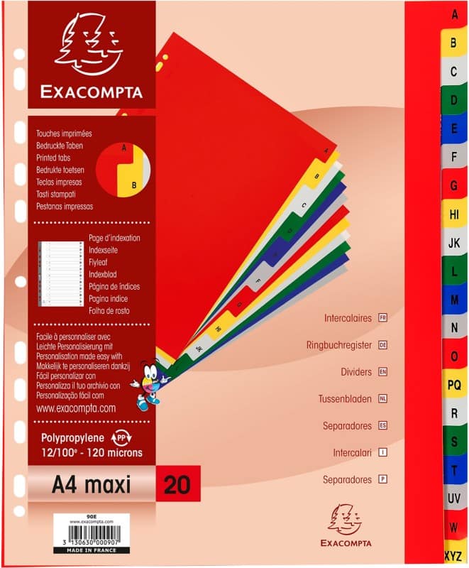 Exacompta A - Z Alphabetical Dividers A4+ Assorted 20 Part PP (Polypropylene) 11 Holes 90E