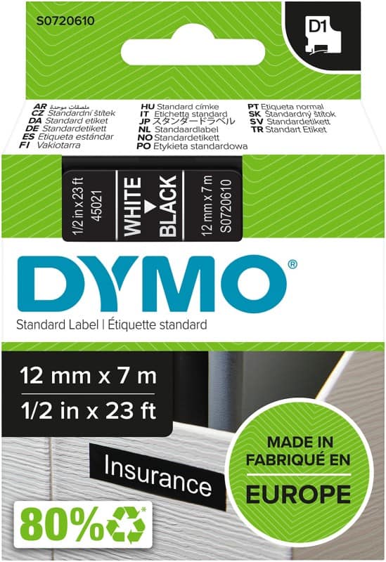 DYMO D1 Labelling Tape Authentic 45021 S0720610 Adhesive 12 mm x 7 m