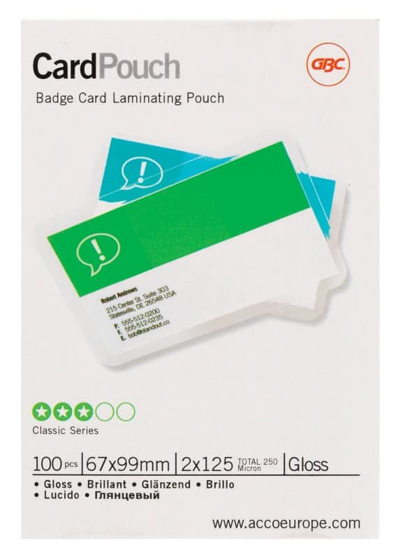 GBC Card Laminating Pouches Business Card & Credit Card Glossy 125 microns (2 x 125) Transparent Pack of 100